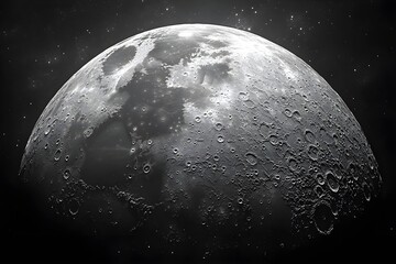A photo of a gray moon showing the lunar surface showing the trail of a meteor falling in the dark, vast expanse of space.