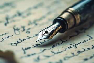 A vintage fountain pen resting on an old-fashioned, handwritten letter, with the inked writing visible in the background
