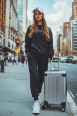 Young woman in black tracksuit and white sneakers walking with silver suitcase on city street.