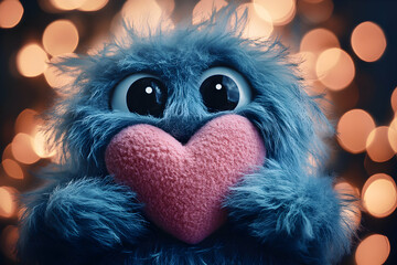 Fototapeta premium 3D Fuzzy Monster Holds Heart, Romantic Abstract Background