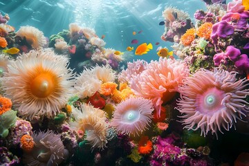 Fototapeta premium A beautiful sight of colorful tropical fish, coral reefs, and sea anemones gathered in one place in the sea under dazzling sunlight.