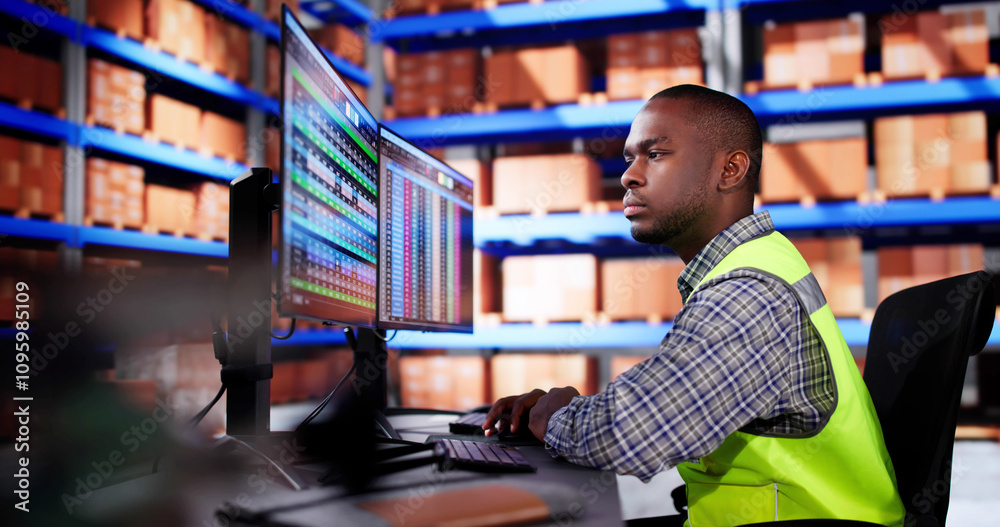 Aufkleber warehouse inventory management on computer
