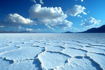 Obraz premium Wide expanses of cracked white salt deserts made of salt on flat land with beautiful clouds on a clear day.