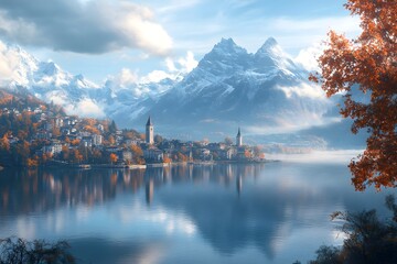 Fototapeta premium On a clear day with beautiful clouds, it is a cool, open natural landscape with large snow-capped mountains, large trees, and a lake in beautiful harmony.
