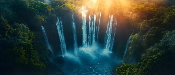 Fototapeta premium This is an aerial view of a magnificent and beautiful waterfall where a lot of water falls on a mountain with many green trees, creating a rainbow.