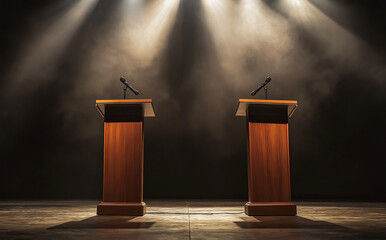 wooden podium for politicians, elections, debates on dark background