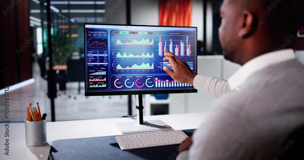 Poster data analytics dashboard in office. financial analyst