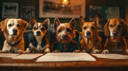 Dogs in suits meeting around a table fun concept indoor setting