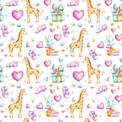 Seamless Watercolor Soft pastel background, Giraffe, gift box and shoes, Cute animals, suitable for destroying children's cloth