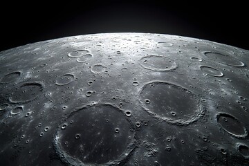 A photo of a gray moon showing the lunar surface showing the trail of a meteor falling in the dark, vast expanse of space.