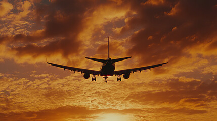 Fototapeta na wymiar Airplane in mid-flight against a vibrant sunset sky, symbolizing travel and aviation services, dramatic and inspiring stock photography.