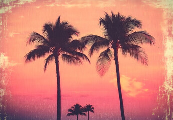 Vintage sunset with palm trees, pink sky.