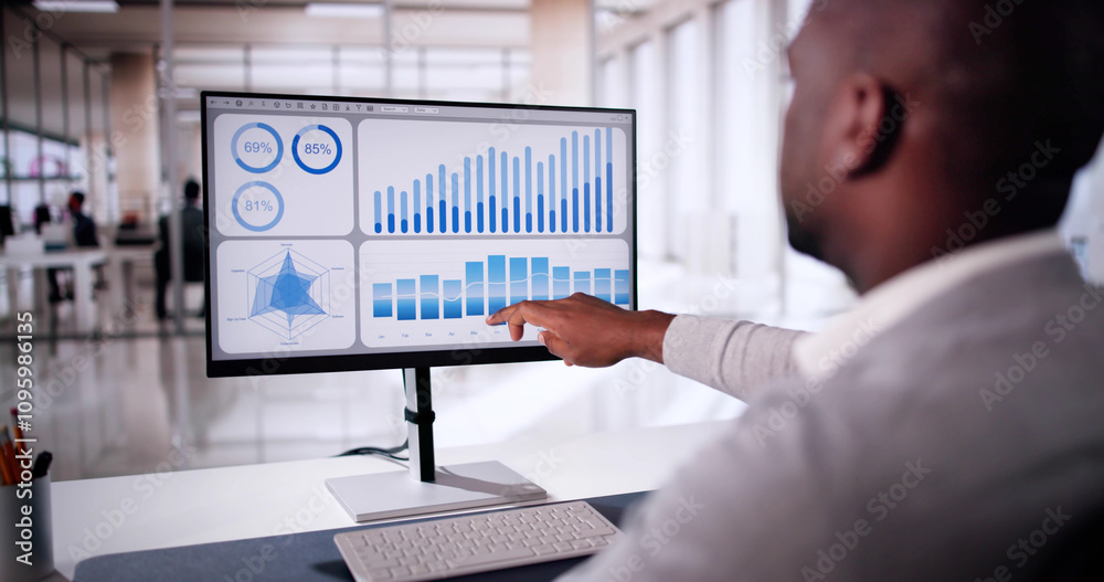 Poster african american man analyzing financial data on computer screen