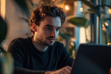 Fototapeta premium Man interacting with a laptop, searching for smart AI technologies and exploring artificial intelligence chatbots designed for advanced digital assistance