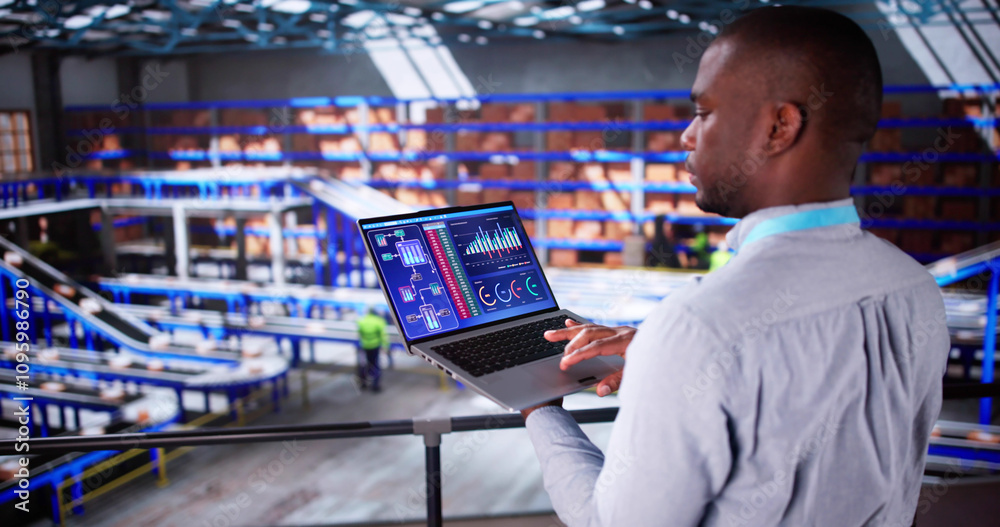 Poster Engineer Worker Using Warehouse Automation Dashboard