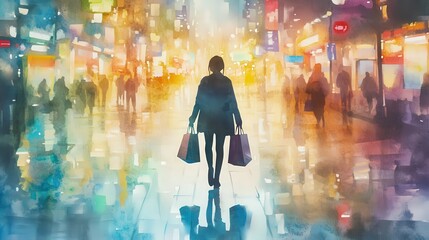 Soft watercolor painting of a single person strolling with shopping bags under bright city lights, evoking the joyous atmosphere of Singles Day while maintaining a calm and peaceful mood