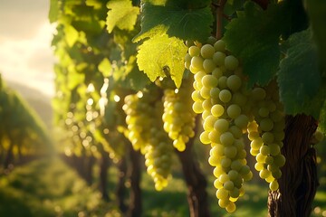 Big, juicy fresh green grapes hanging on green vines in green grape orchard under bright sunlight