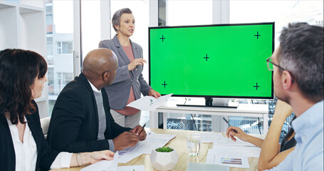 Green screen, meeting and presentation with business people in boardroom of office for development. Display, mockup space and tracking markers in corporate workplace for coaching or upskill training