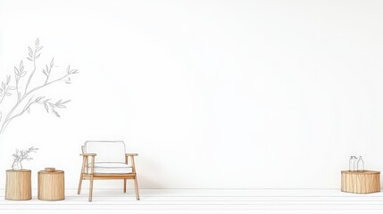 Fototapeta premium Minimalist Interior Design Featuring a Cozy Armchair, Wooden Tables, and Simple Line Art for a Modern Relaxation Space in Bright Natural Light