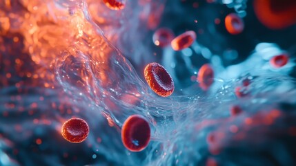 Microscopic action of blood cells in motion human body scientific visualization abstract environment close-up view health concept