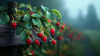 Fototapeta premium Strawberry Garden Tart Lush raspberry plants glisten with dew, showcasing vibrant red berries nestled among green leaves in a serene, foggy landscape.