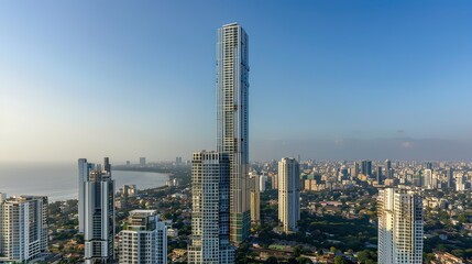 A single tall skyscraper rising above a sea of low-rise buildings.