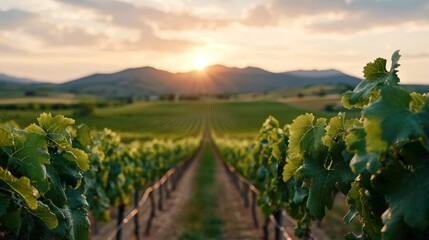 Scenic Vineyard Landscape at Sunset with Rolling Hills and Sun-Drenched Grapevines