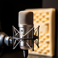 Microphone with sound dampening foam panels in background, ideal for recording. setup creates professional audio environment, enhancing sound quality