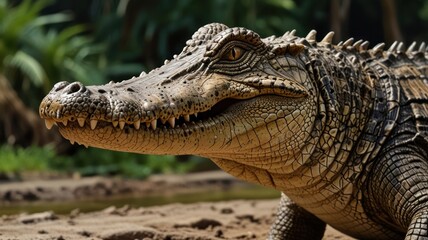 Close-up of a young alligator's head and neck, showing detailed scales and teeth.
