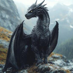 A black dragon sits on a rocky outcropping, its wings spread wide.