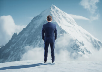 Businessman contemplating goals with a mountain backdrop under clear blue sky