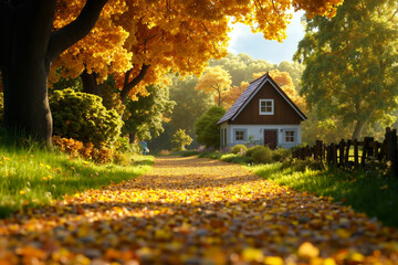 A small house in the middle of a field of leaves