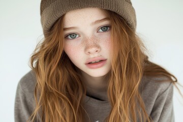 Close-up portrait of a young woman with red hair and freckles wearing a brown beanie looking at the camera.