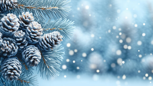 Winter landscape with snow-covered trees,frozen shms and foggy background.Snow-covered coniferous trees on the background with bokeh effect evoke a sense of peace and serenity