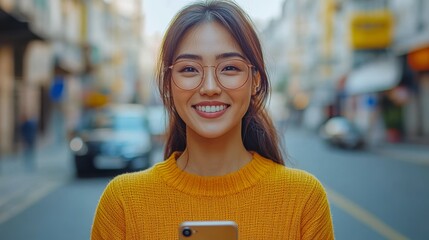 Social media, emoji and phone with woman in city for algorithm, notification and connection