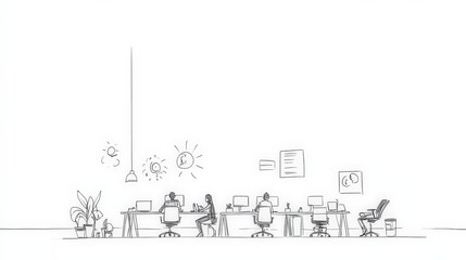 Minimalistic Illustration of a Modern Office Space with Diverse Professionals Working Collaboratively in a Bright and Elegant Environment