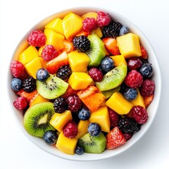 Obraz premium A bowl of fresh fruit salad with mango, kiwi, raspberries, blueberries, blackberries and strawberries.