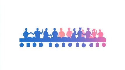 Obraz premium Colorful Silhouettes of People Engaging in Social Interaction on a Conveyor Belt, Representing Connection, Collaboration, and Community in a Modern Environment