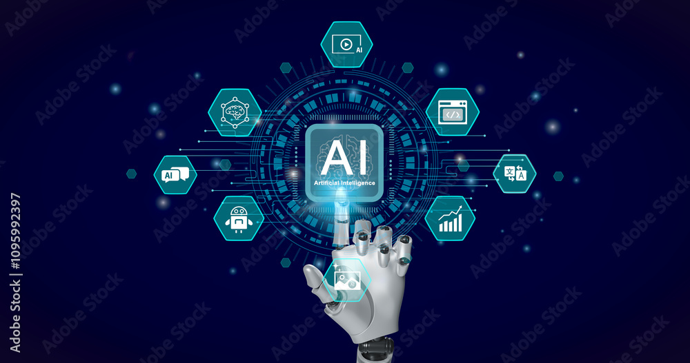 Poster ai technology. artificial intelligence. humanoid robot use ai tools for generate images, write code,