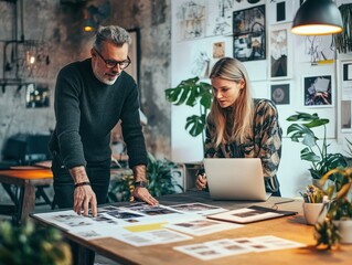 Two designers collaborate on a project, reviewing printouts and using a laptop in a modern studio.