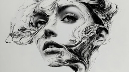 Fototapeta premium Abstract Monochrome Drawing: Woman's Face Transformed by Swirling Ink, Captivating Artistic Expression