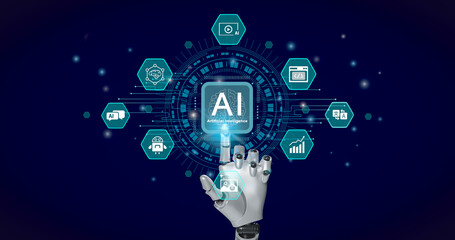 Ai technology. Artificial Intelligence. Humanoid Robot use AI tools for generate images, write code, writer bot, translate, advertising. AI assistant. Text to music, video. chatbot. LLM. AI robot.