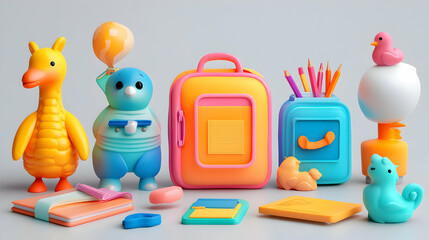 Obraz premium Colorful 3D Render of School Supplies and Cute Creatures: Backpack, Stationery, and Playful Characters in a Whimsical Setting