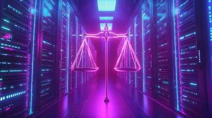 Digital justice scales of law in a futuristic data center cybersecurity technology neon environment abstract viewpoint for modern justice