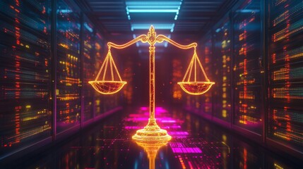 Digital justice symbolizing balance in technology-driven legal environments futuristic data center neon aesthetic concept visualization