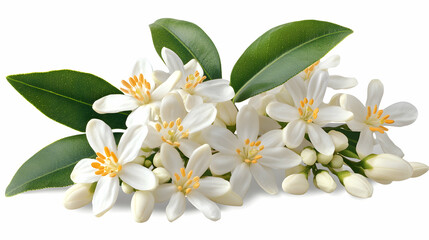 Obraz premium Close-up of Delicate White Orange Blossoms with Lush Green Leaves, Isolated on White Background