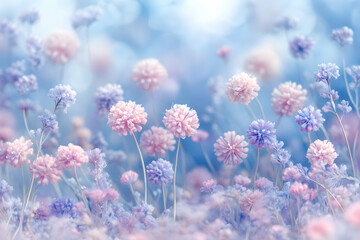 Naklejka premium Pastel Flower Field: A Dreamy 3D Render of Delicate Blooms in Soft Pink and Blue Hues