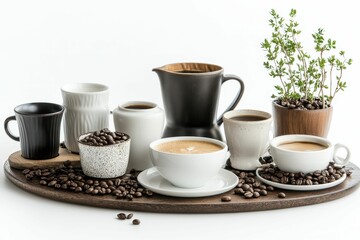 Fototapeta premium Coffee cups, beans, pot, plant, wooden tray.