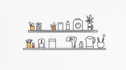 Minimalist Home Office Shelf Display with Plants, Timepiece, Stationery Supplies, and Kitchenware Accents for Creative Workspace Inspiration