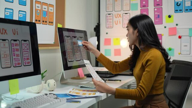 Web designer, mobile app development, creative planning, wireframe design, user experience concept, Asian female UX designer working on modern smartphone applications.